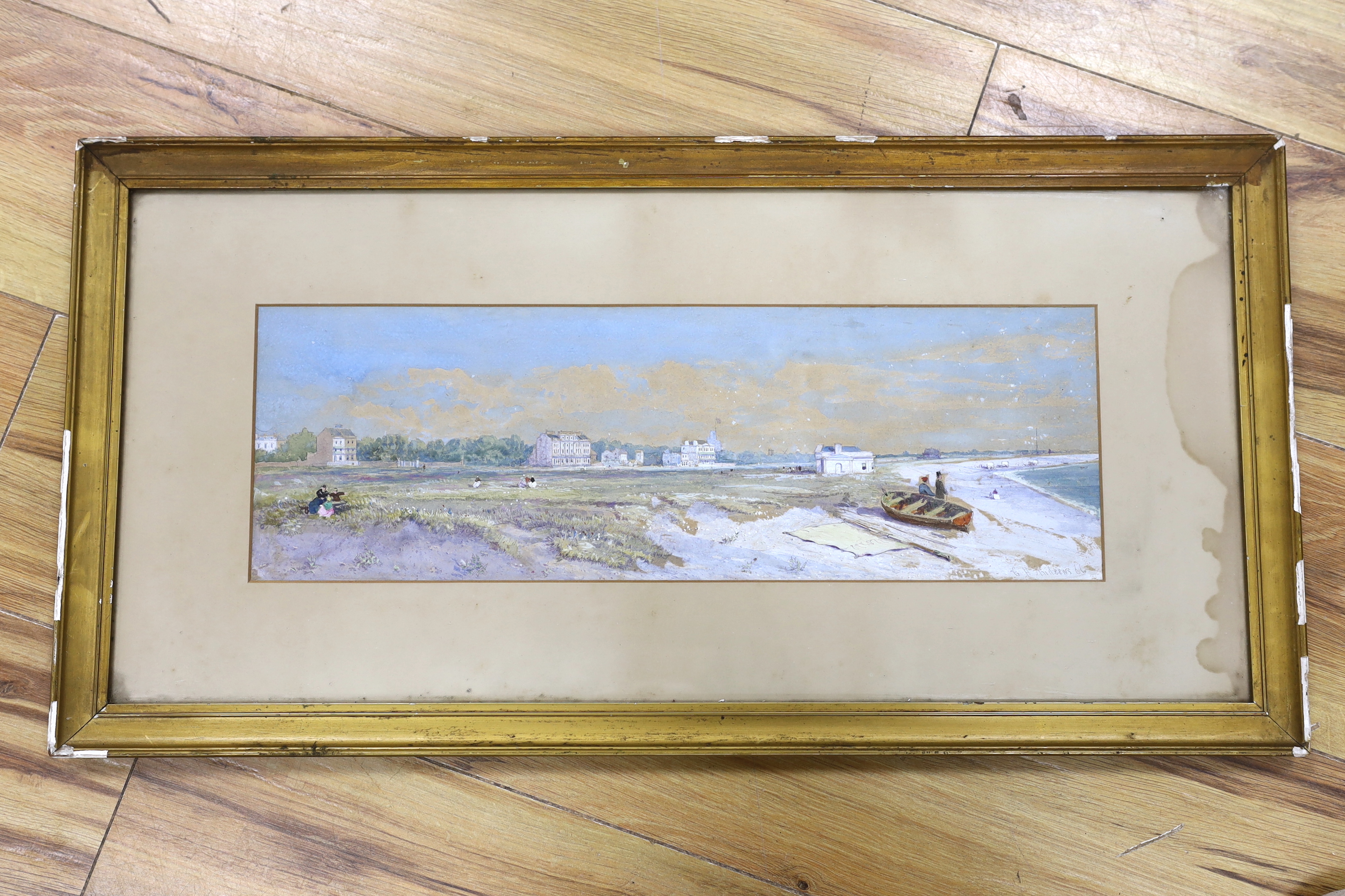 George Henry Andrews (1816-1898), heightened watercolour, Panoramic coastal landscape with figures, signed and dated '66, 15 x 45cm